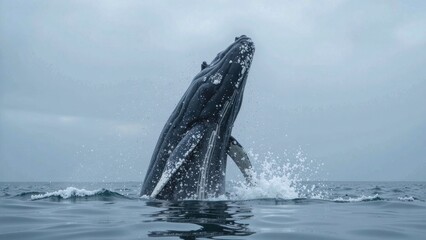 Fototapeta premium A majestic humpback whale breaks through the dark blue surface, its sleek black and white body arcing upwards in a stunning display of aquatic power