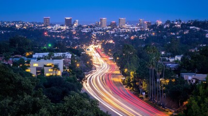 Obraz premium Night City Highway with Blurred Lights and Skyline