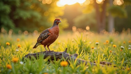 A majestic Indian Tragopan stands proudly, its vibrant plumage glistening in the sunlight as it surveys its surroundings from a sturdy branch amidst a lush green meadow