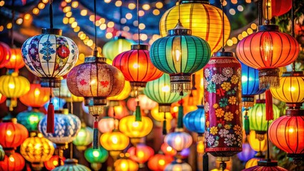 Fototapeta premium Vibrant and Festive Chinese Lanterns Illuminating Night Sky, Colorful Decorations, Traditional Asian Celebrations, Lantern Festival, Cultural Heritage, Beautiful Lantern Designs, Festive Atmosphere