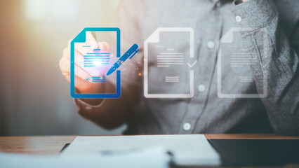Businessman validates and manages business documents and agreements ,legal contract ,signing...