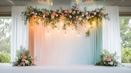A large white wall with a blue and green border and a floral arrangement