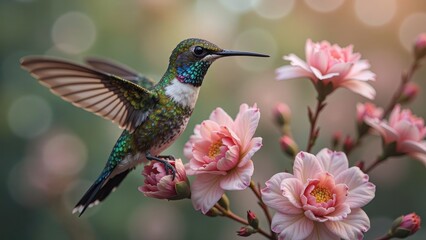 Fototapeta premium A vibrant hummingbird with iridescent green and blue feathers on its neck spreads its emerald-green wings, revealing a snowy-white chest as it faces right