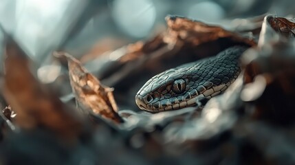 Obraz premium Snake Hiding in Autumn Leaves