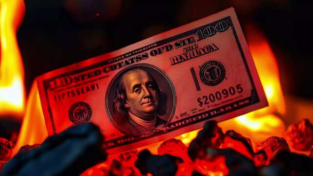 A $100 bill is seen burning amidst glowing embers.