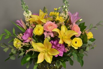 Fototapeta premium Colorful floral arrangement with lilies, roses, and various blooms on a neutral backdrop