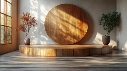 Circular Wooden Signboard on Striped Wall in Soft Morning Light for Shop Branding