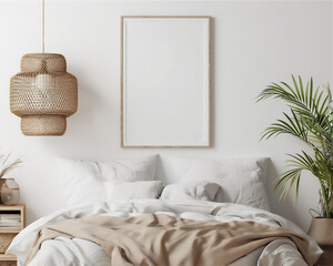 Bedroom interior with blank photo frame on the wall, version 24
