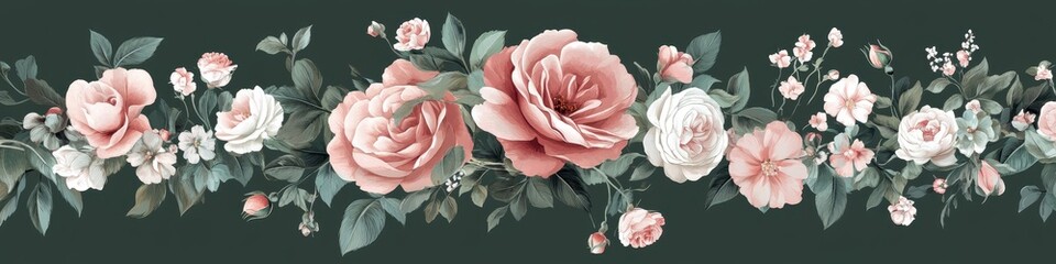 A decorative floral border featuring roses and other flowers on a dark background.