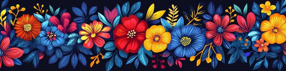 A vibrant floral border featuring various colorful flowers and leaves on a dark background.