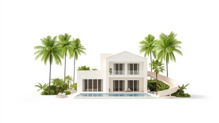 Fototapeta premium Elegant Modern Villa Surrounded by Lush Greenery and Tropical Palm Trees with a Serene Pool Area Ideal for Relaxation and Luxury Living