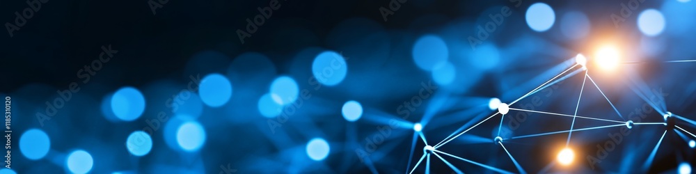 Poster abstract digital network with glowing nodes and connections representing technology and data.