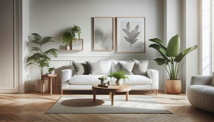 Naklejka premium Scandinavian living room, minimalist white sofa, round wooden coffee table, large potted plants, beige armchair, framed botanical prints, natural light, hardwood floors, neutral color palette, cozy in