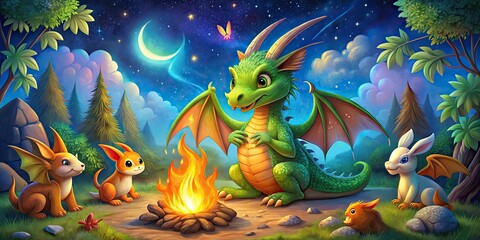 Whimsical Dragon Campfire: Cute Creatures, Fantasy Art, Rule of Thirds