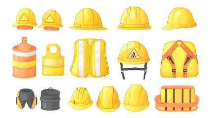 Collection of Cartoon Construction Worker Safety Equipment and Gear Including Hard Hats, Safety Vest, Backpack, Barrels, and Earmuffs.