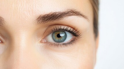 Naklejka premium Close-Up of Beautiful Human Eye Showcasing Unique Iris Patterns and Natural Beauty Features, Highlighting Eye Health and Skin Texture in Soft Lighting
