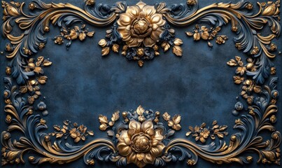Blue and Gold Elegant Frame Design with Floral Ornaments in Baroque Style