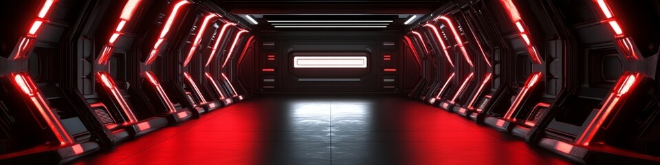 A futuristic corridor with red lighting and sleek design, suggesting a sci-fi environment.