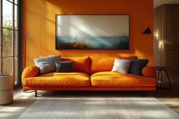 Modern living room with vibrant orange sofa minimal decor abstract art and warm daylight