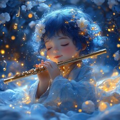 Blue Skinned Boy Playing Flute Cartoon Style Dreamy Atmosphere Musical Notes Floating