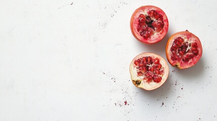 Three Halved Pomegranates on White Background A Vibrant Still Life Photography