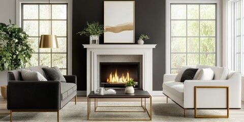 Fototapeta premium modern minimalist living room, sleek fireplace, white walls, black accent wall, contemporary furniture, glass coffee table, pendant light, potted plant, monochrome palette, large windows, natural ligh