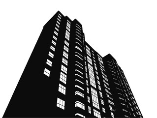 High-rise building with modern architecture against a white background viewed from below in an urban area