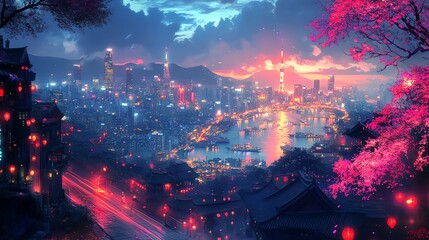 Fototapeta premium Night Cityscape: Asian Metropolis with Dreamy Pink Blossoms