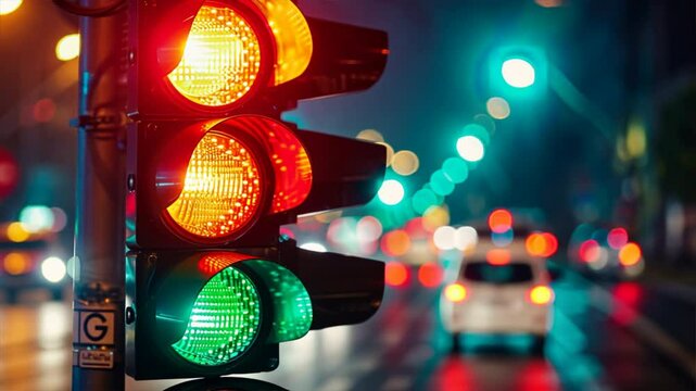 Illuminated Traffic Lights at Night Red, Yellow, and Green Signals Create Blurred Urban Street Scene with Vibrant City Illumination