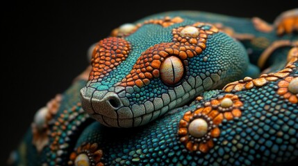Close-up of a vibrant green and orange snake with intricate scales