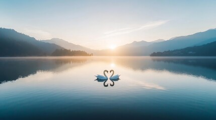 Serene Sunset Over Calm Lake with Two Swans Forming a Heart Shape, Mountains, Reflections, and a Tranquil Atmosphere in a Perfectly Balanced Composition