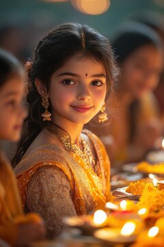 Diwali celebration of Indian couples lighting diya or samai at home in luxurious festive interiors with traditional attire and vibrant floral decorations