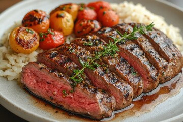 Gourmet Sliced Steak with Roasted Vegetables and Creamy Rice Garnished with Fresh Herbs