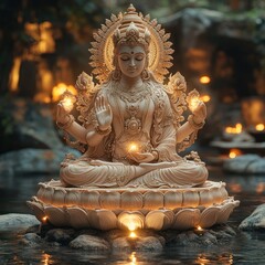 Fototapeta premium Golden Sculpture of Deity in Lotus Position Meditating with Intricate Jewelry