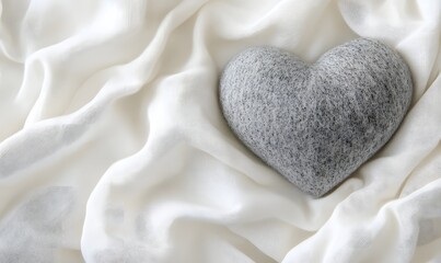Fototapeta premium Gray stone heart on white fabric.