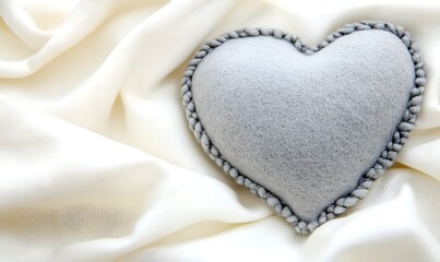 Fototapeta premium Gray heart-shaped cushion on cream fabric.