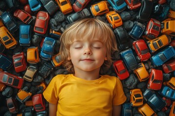 Child in Yellow Shirt Playing with Colorful Toy Cars at Home Happy Expression