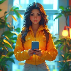 3D illustration of woman with smartphone in urban setting colorful cartoon style