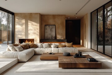 Fototapeta premium Cozy modern living room with sectional sofa and fireplace Scandinavian design