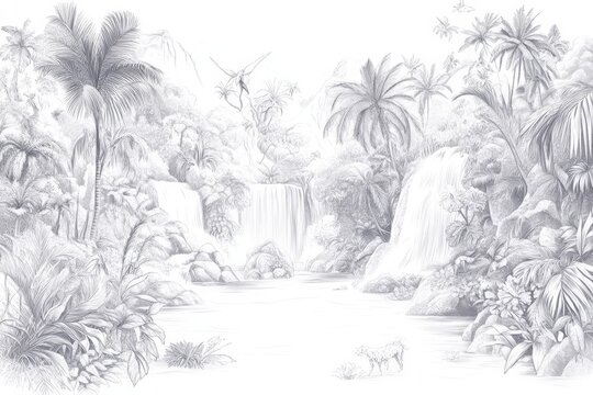Black and white tropical jungle landscape with waterfalls and exotic foliage