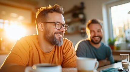 Joyful morning moments shared between two men in their cozy kitchen