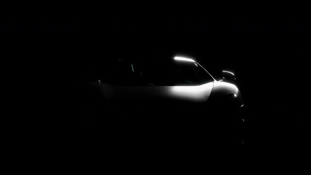 4k animation. Silhouette of black sports car with headlights on black background, photorealistic 3d illustration render