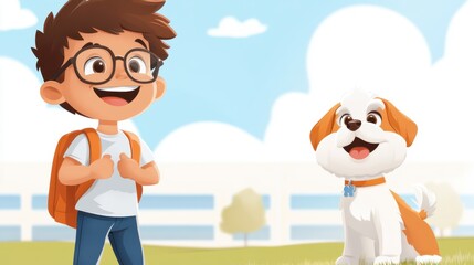 Joyful adventure of a boy and his dog in a sunny meadow