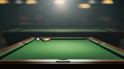 Pool Table with Colorful Balls Set Up Ready for Game in a Dimly Lit Billiard Room Creating a Relaxing Atmosphere for Players