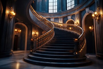 Elegant grand staircase with ornate railings in luxurious mansion interior