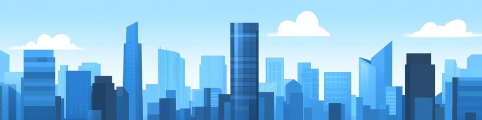 Naklejka premium A stylized city skyline illustration featuring various building shapes and blue tones.