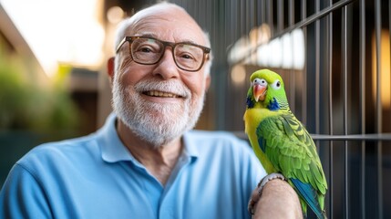 Sweet companionship shared by a senior man and his vibrant budgie friend