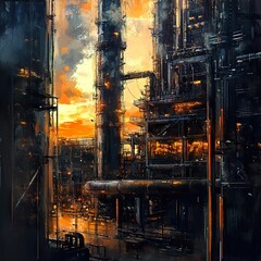 Sunset Industrial Landscape: A Digital Painting of a Factory
