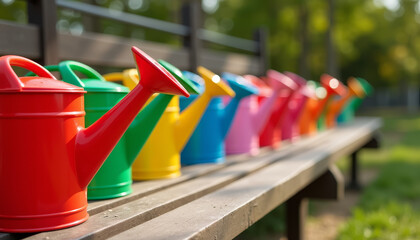 Colorful Row of Metal Watering Cans in Garden Setting