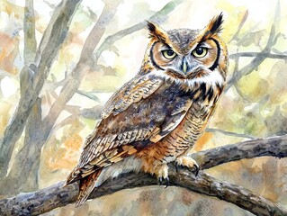 Fototapeta premium Majestic Watercolor Portrait of Wise Owl Perched